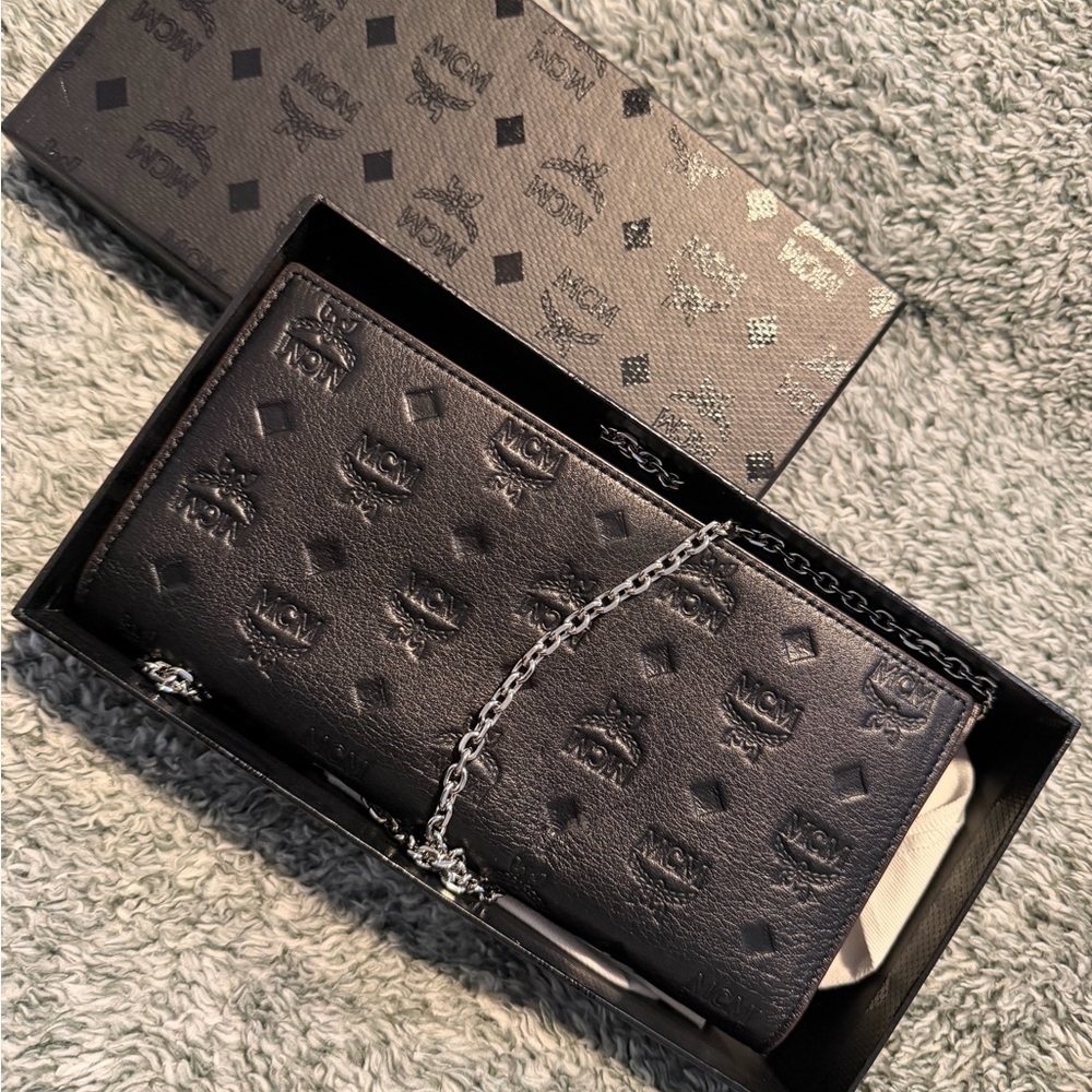 MCM Black Embossed Leather Wallet with Chain